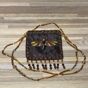 Beaded Dragonfly Embellished Brown Bag vintage crossbody mini purse